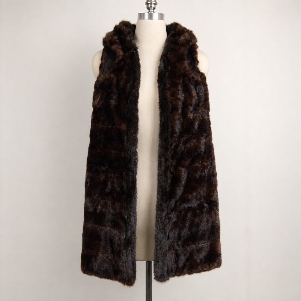 Vintage Real Mink Fur Coat Liner Vest Dark Brown Mahogany Long Button Front 40"
